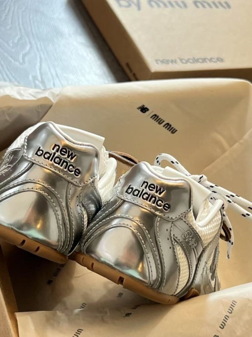 New Balance x Miu Miu Women’s Metallic Silver Sneakers Double Lace Shoes - Picture 3 of 7